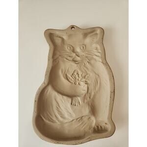 Brown Bag Cookie Art Vintage Retired 1983 Seated Cat Holding Flowers Clay Mold